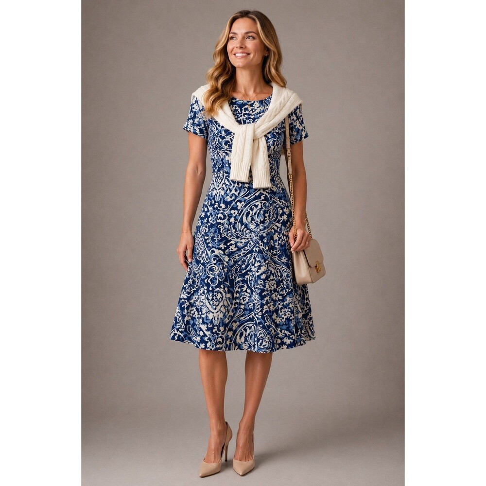 NWT Size 10 JH Collectibles Blue White Paisley Chinoiserie Fit & Flare Dress